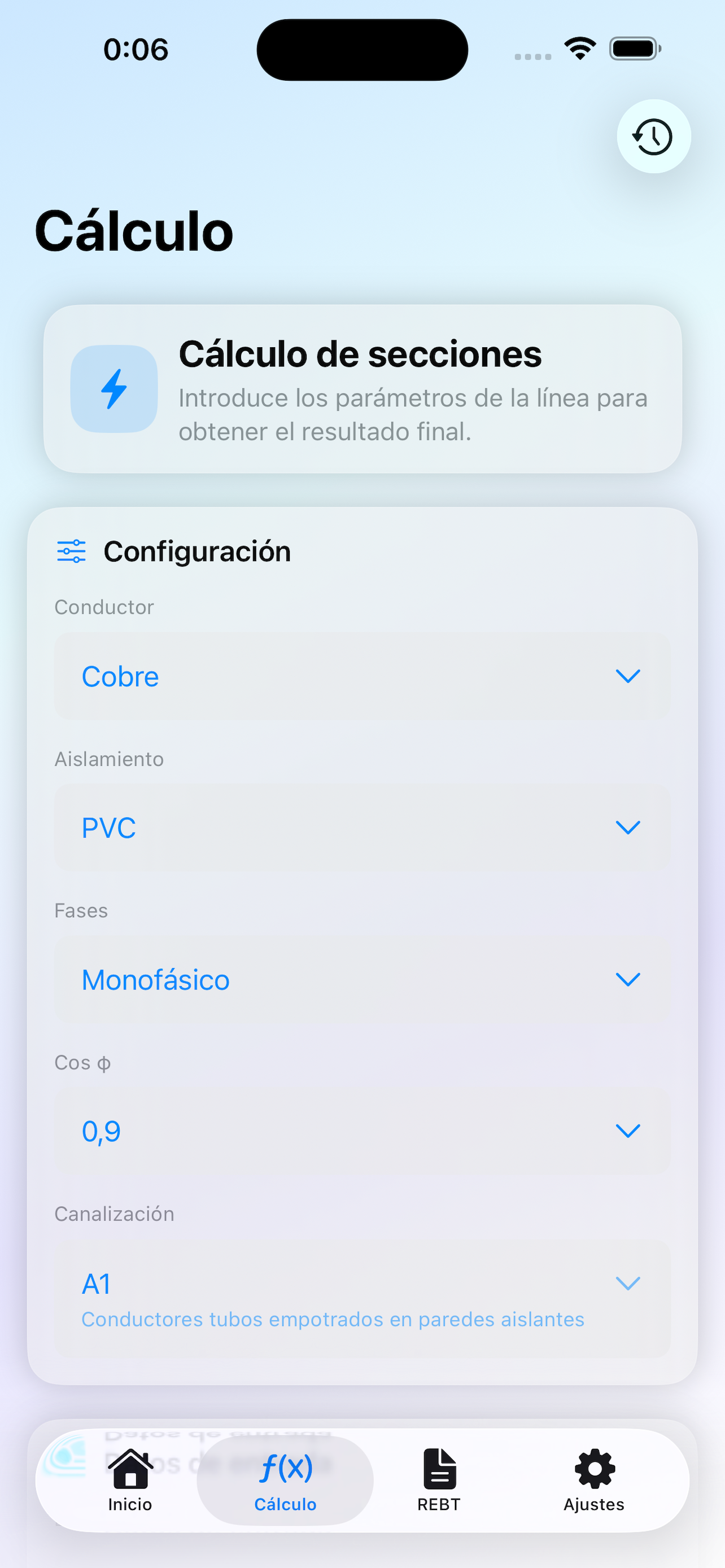 Pantalla de cálculo de secciones de REBT Pro