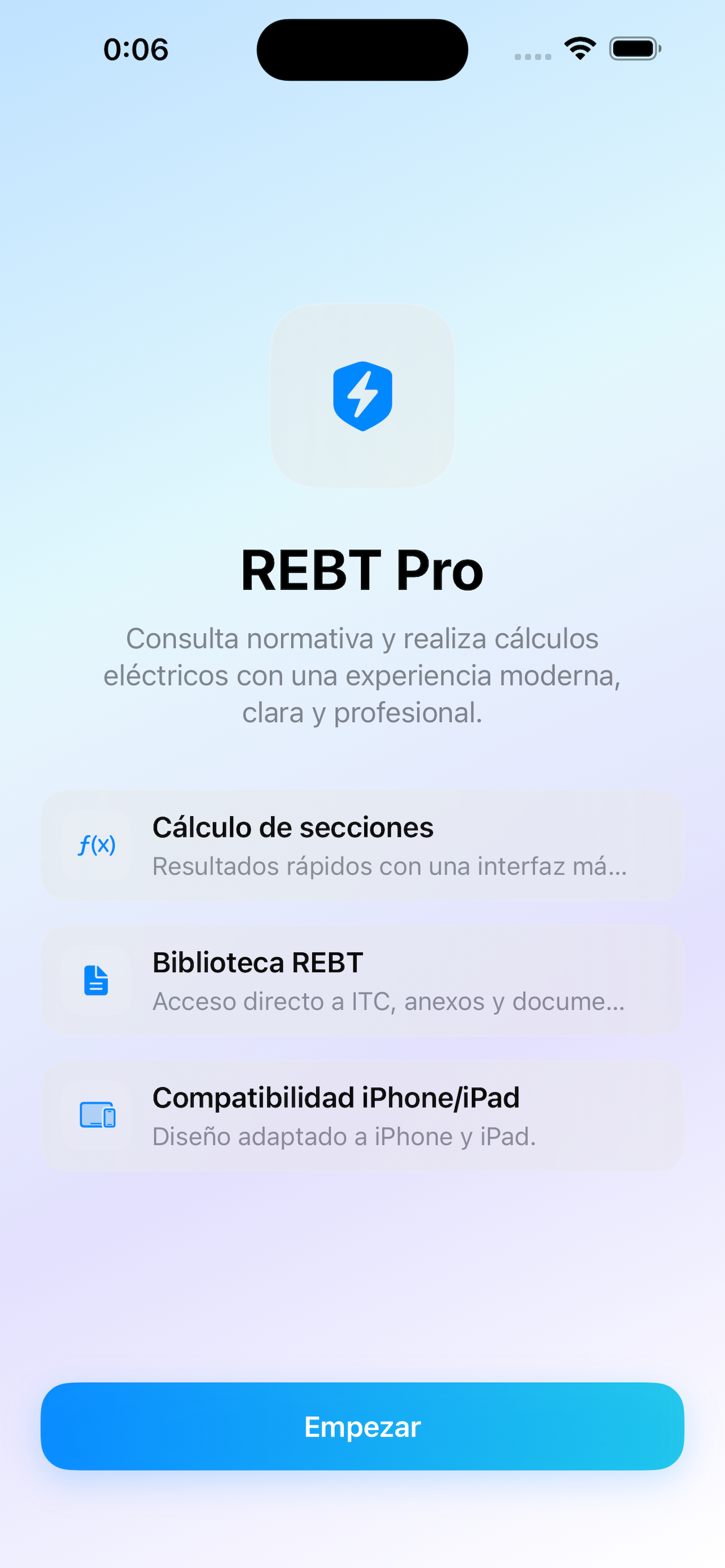Pantalla de onboarding de REBT Pro